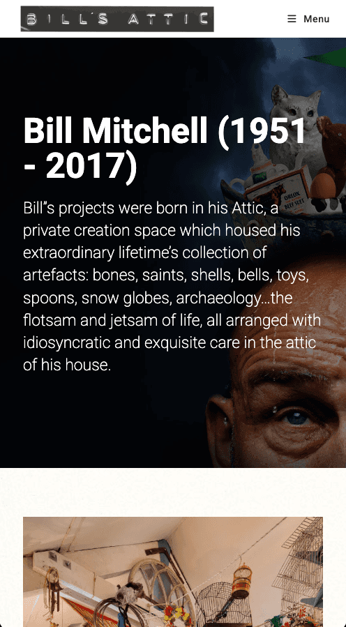 Bill's Attic website on a phone, with a tribute to Bill Mitchell, 1951 to 2017