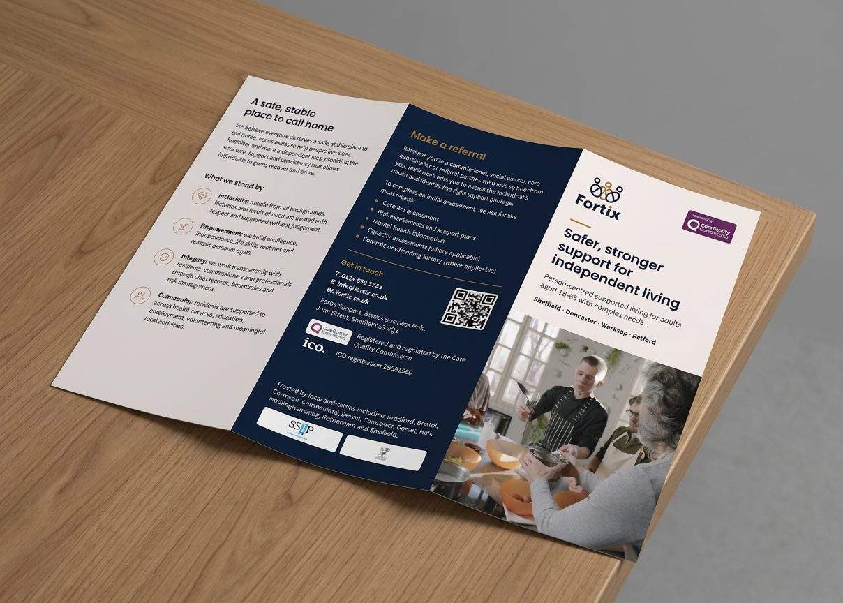 Tri-fold brochure for Fortix supported living, open on a wooden desk
