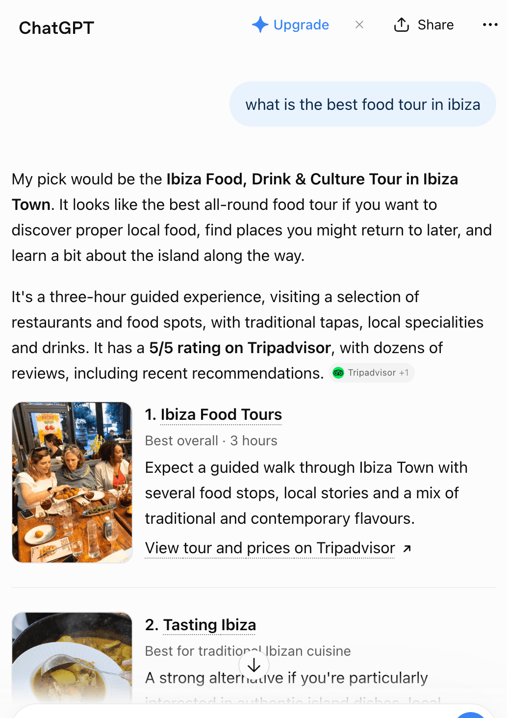 ChatGPT answering 'what is the best food tour in Ibiza' with Ibiza Food Tours as its first pick