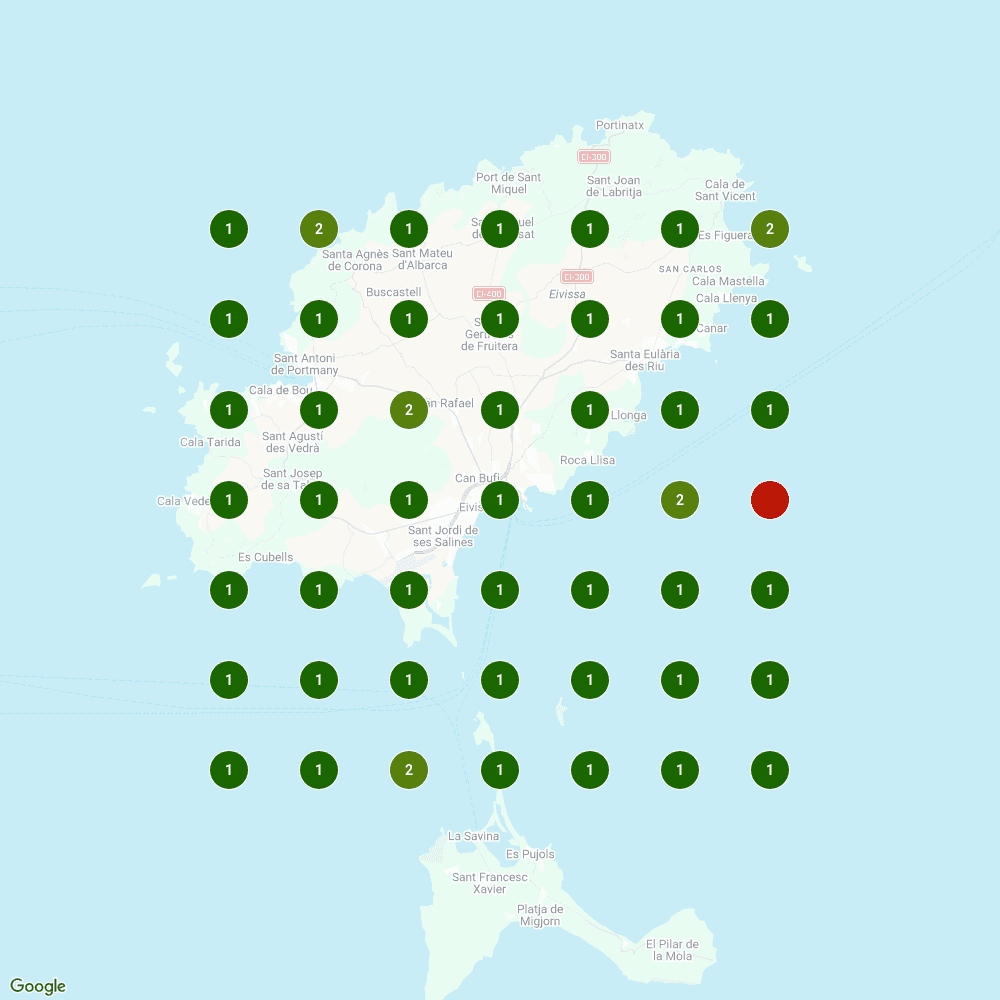 Google Maps rank grid for 'best food tours Ibiza', with Ibiza Food Tours ranking first across almost the whole island