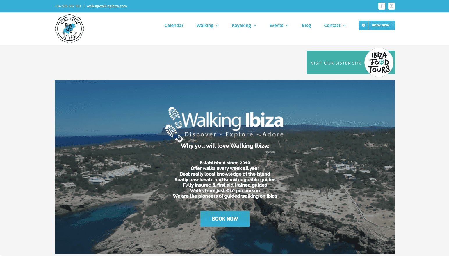 The old Ibiza Outdoors website, then called Walking Ibiza, with a list of reasons to book over a coastal photo