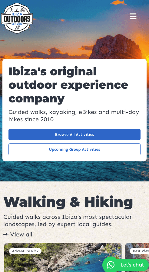 The new Ibiza Outdoors website on a phone, with the headline Ibiza's original outdoor experience company