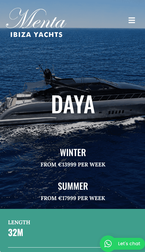 Menta Ibiza Yachts website on a phone, showing the Daya yacht with weekly charter prices