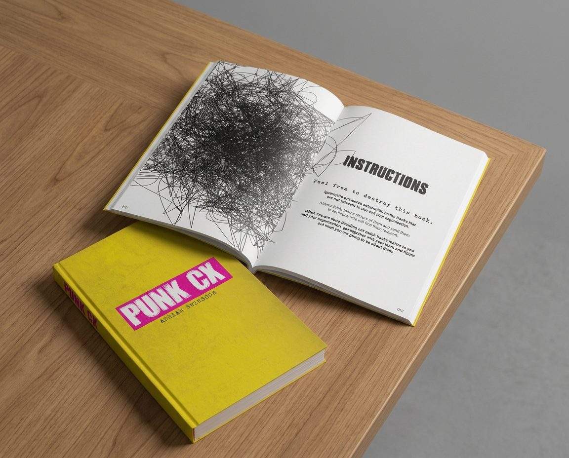 Punk CX by Adrian Swinscoe, open at the Instructions spread next to the yellow hardback, on a wooden desk