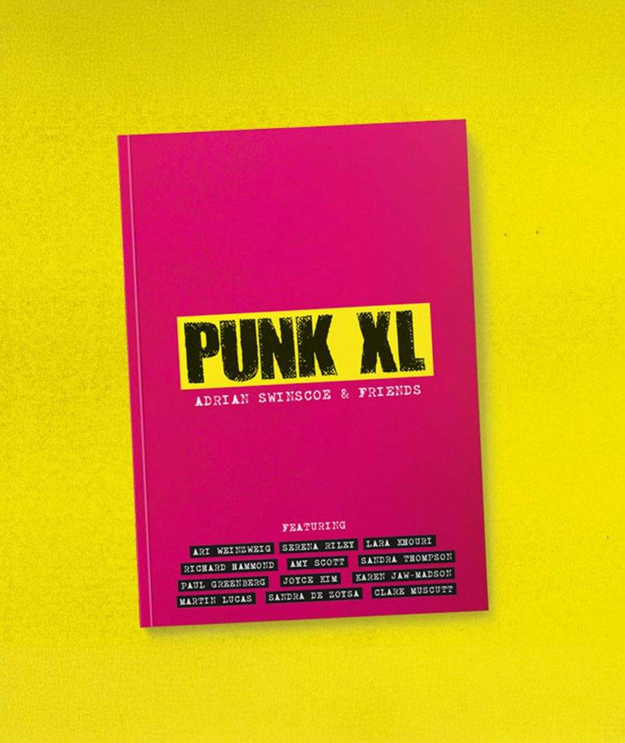 Punk XL by Adrian Swinscoe and friends, a pink paperback lying on a yellow background